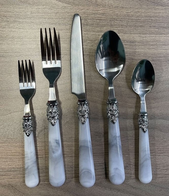 Vintage Retro Stainless Steel Dining Resin Handle Flatware, 12 Piece Royal White Pearl Acrylic Cutlery Silverware Set