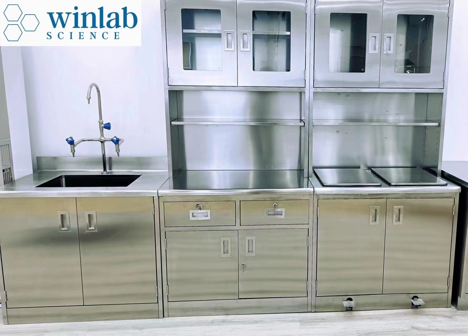 Hospital lab furniture clean room 304 stainless steel worktable with sink and faucet of kitchen cabinet