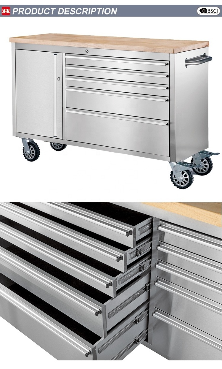 High quality  Stainless steel tool chest with rubber timber caster Tool Cabinet