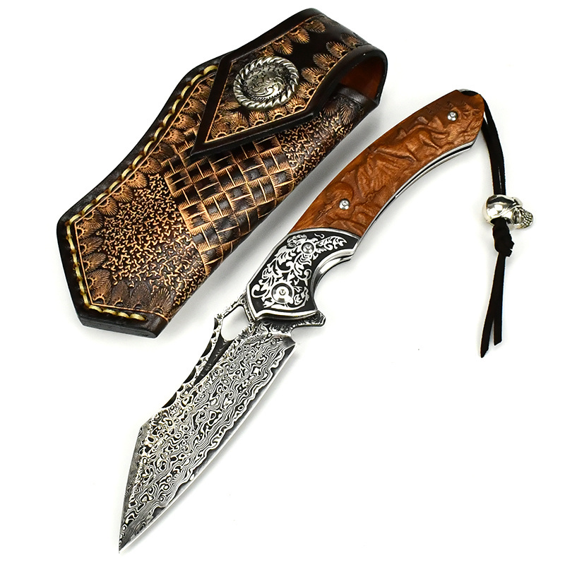 227Layer Handmade Damascus pocket Knife CNC carving Wolf pattern Outdoor Camping Fishing Gift Knife Collecting folding knives