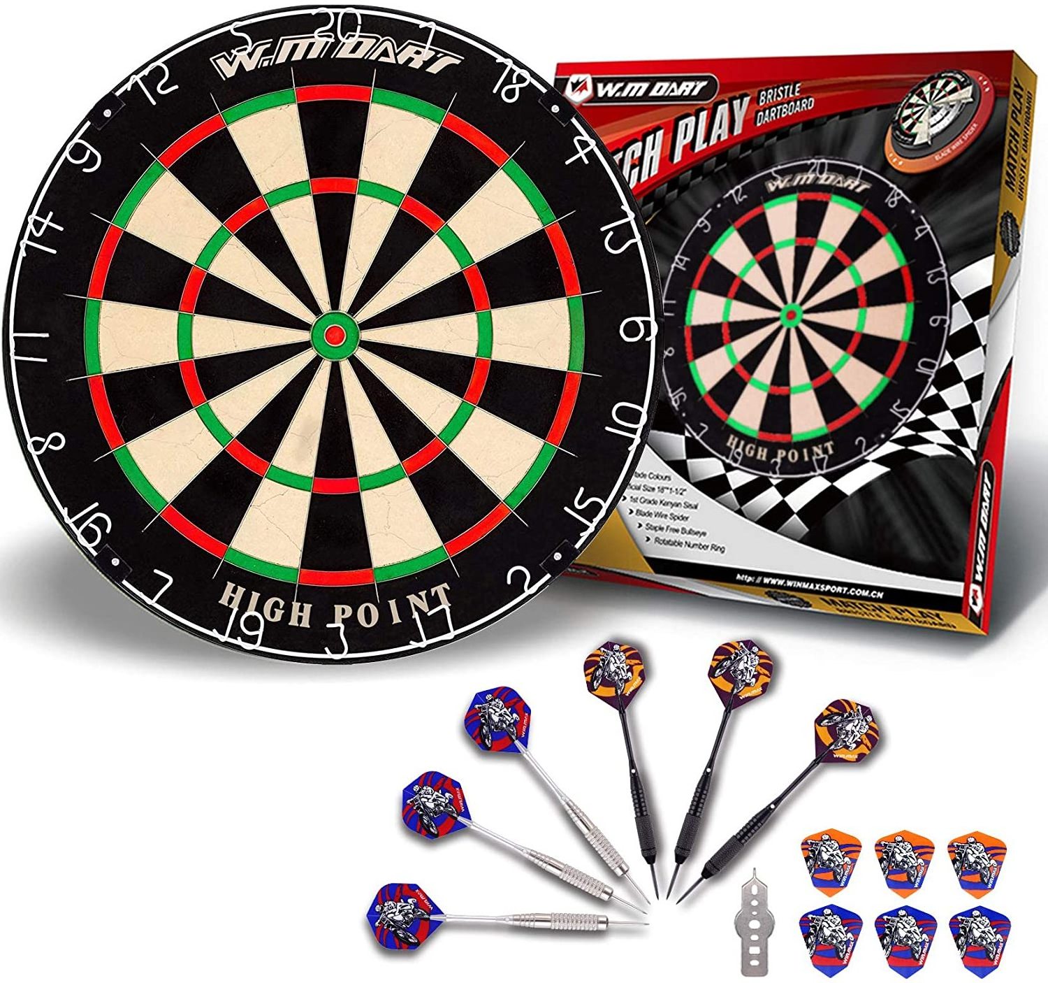 Win.max Dart Board Bristle Steel Tip Dartboard with Flights Finger Grip Wax 6 Darts