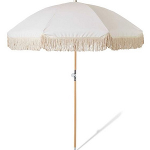 White Macrame Vintage Parasol Beach Umbrella Wooden Pole Tassel Cotton Cloth Bali Beach Umbrellas With Tassels Fringe