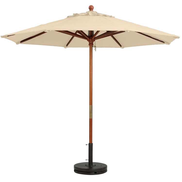 7ft Brown Fabric Logo Can Be Customized Commercial Wooden Pole Beach Umbrella With Tassels Wooden