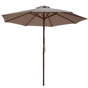 7ft Brown Fabric Logo Can Be Customized Commercial Wooden Pole Beach Umbrella With Tassels Wooden