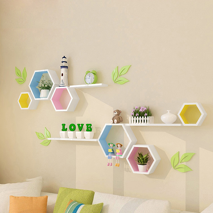 Hexagon Shape Wall Mounted Shelf Set Living Room Wall Shelf Floating Hexagon Shelves For Storage And Display