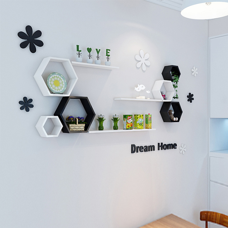 Hexagon Shape Wall Mounted Shelf Set Living Room Wall Shelf Floating Hexagon Shelves For Storage And Display