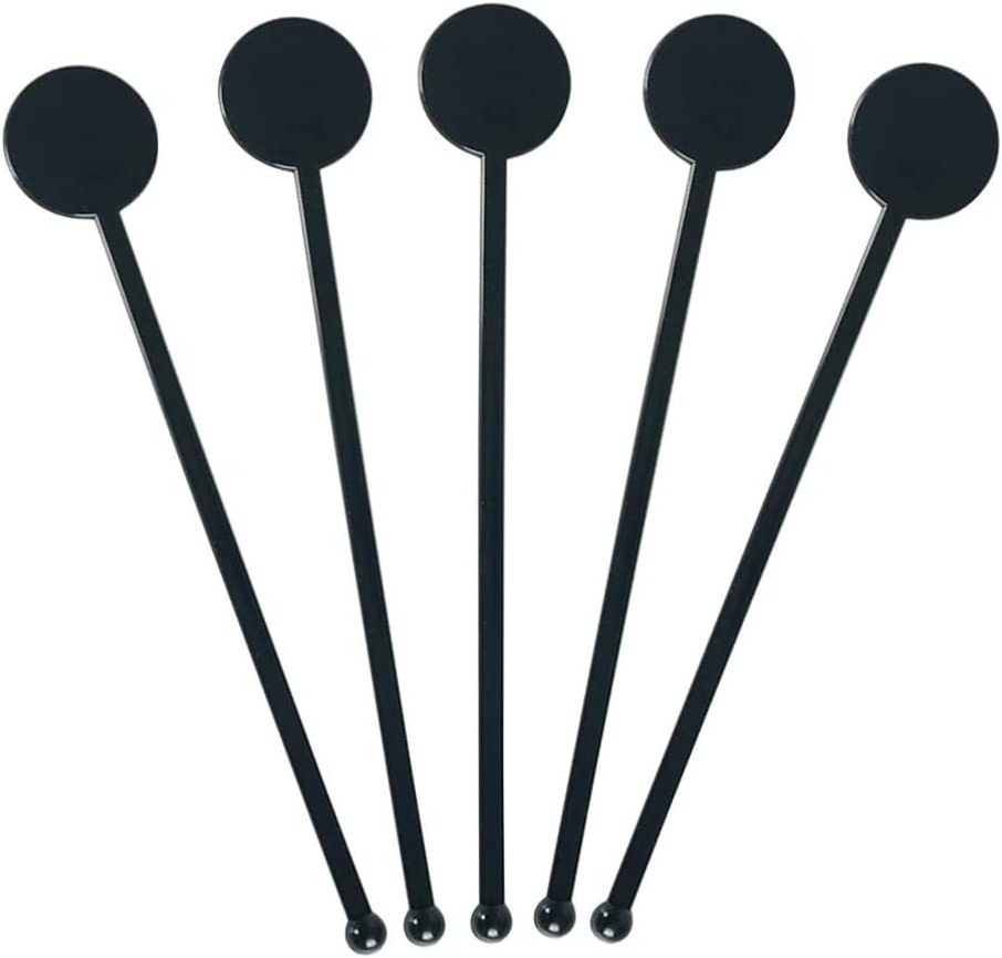 Disaposible Plastic Black Bar Mixing Rod Disc Top Drink Stirrers for Coffee Whiskey Beverage, 7 Inches Cocktail Swizzle Sticks