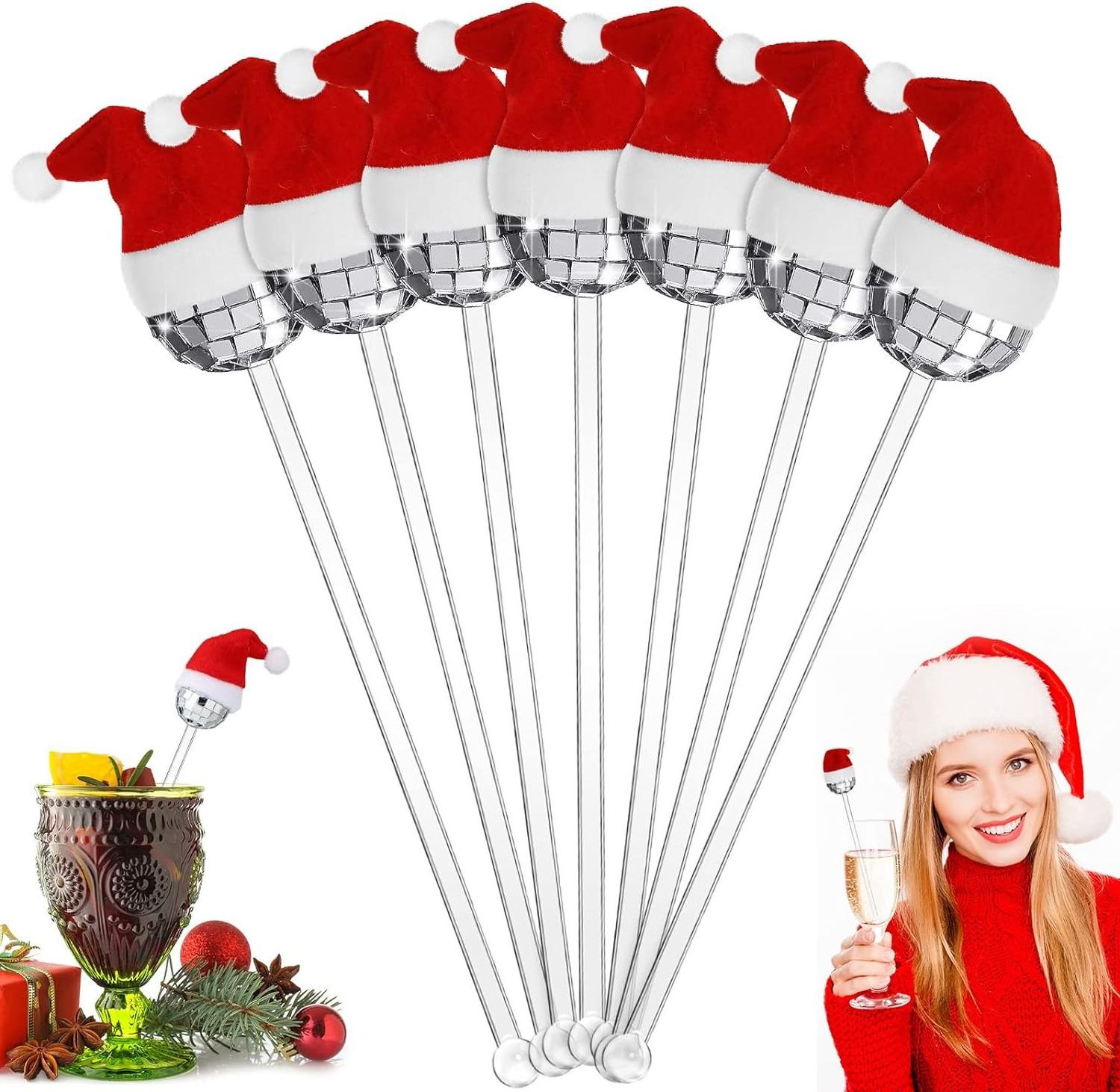 Beverage Bar Coffee Shop Christmas Hat Mirror Disco Ball Cocktail Stirrers, Plastic Round Top  Christmas Hat Swizzle Sticks