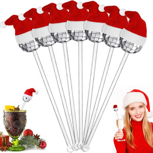 Beverage Bar Coffee Shop Christmas Hat Mirror Disco Ball Cocktail Stirrers, Plastic Round Top  Christmas Hat Swizzle Sticks