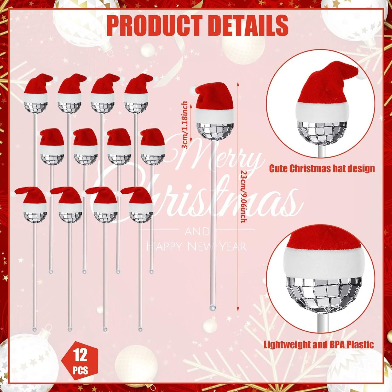 Beverage Bar Coffee Shop Christmas Hat Mirror Disco Ball Cocktail Stirrers, Plastic Round Top  Christmas Hat Swizzle Sticks