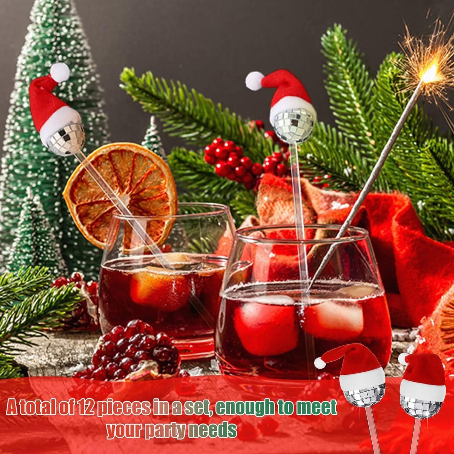 Beverage Bar Coffee Shop Christmas Hat Mirror Disco Ball Cocktail Stirrers, Plastic Round Top  Christmas Hat Swizzle Sticks