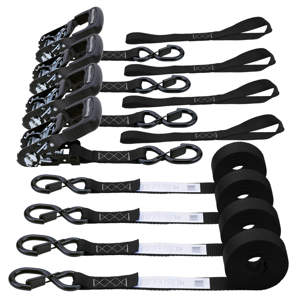 38mm Width Black  4 PK Cargo Lashing Belt Strap Ratchet Tie  Strap With S Hook