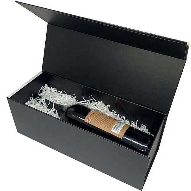 Custom folding magnetic gift box black luxury wine bottle box packaging for single wine bottle