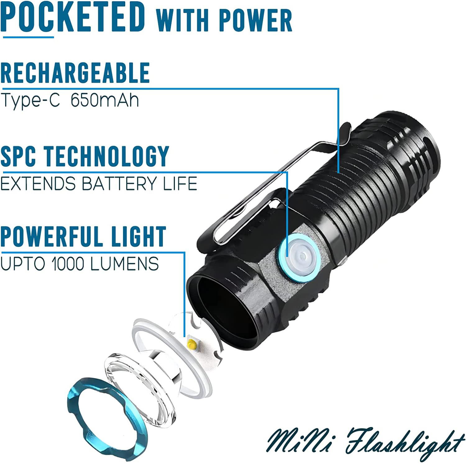 new products Super Bright 1000 High Lumens Rechargeable Compact LED Lightweight Pocket Mini Flashlight with Clip