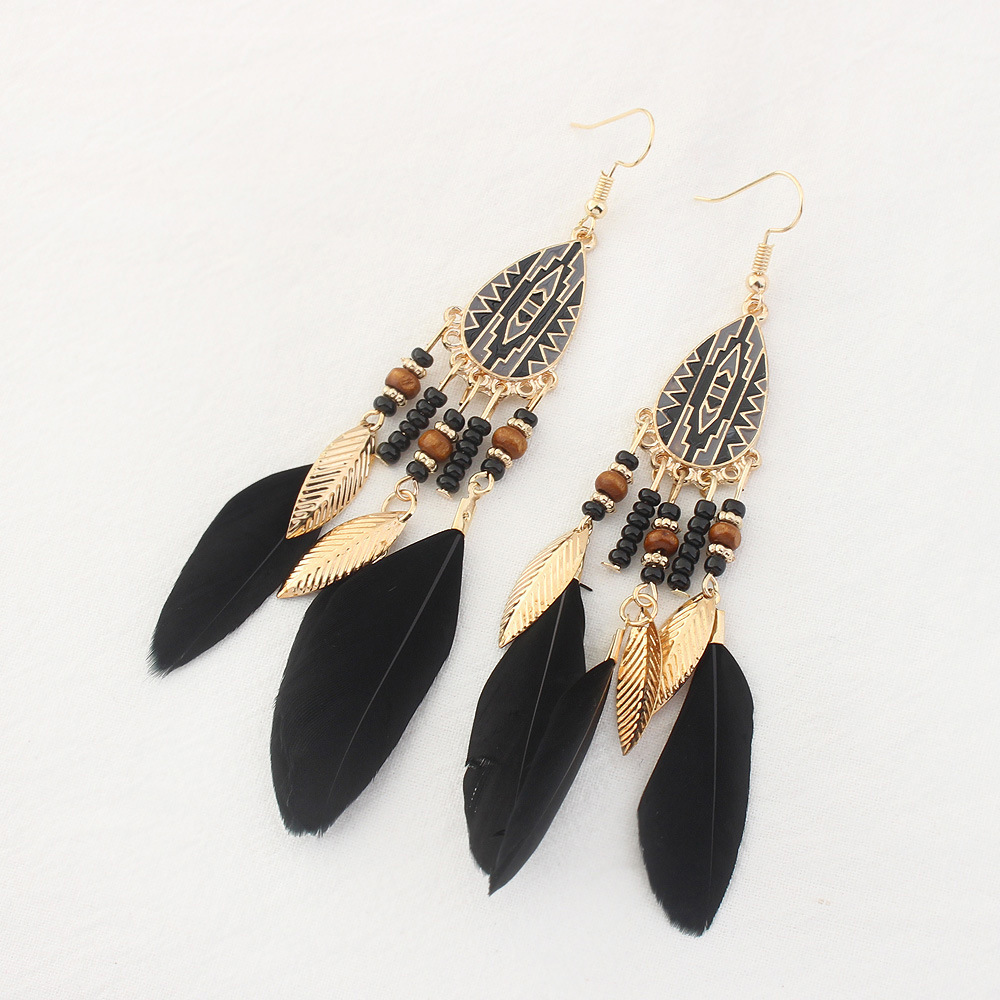 Bohemian Long Feather Dangle Earrings for Women Beach Chain Tassel Drop Earrings Wedding Bride Jewelry Wholesale