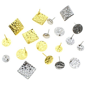 50pcs Stainless Steel Earring Posts With Hole Diy Hammered Circle Square Earring Connector Findings For Jewelry Making Supplies