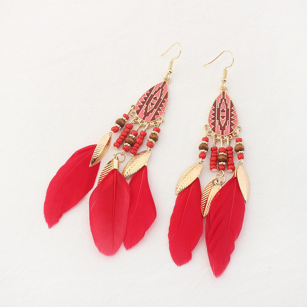 Bohemian Long Feather Dangle Earrings for Women Beach Chain Tassel Drop Earrings Wedding Bride Jewelry Wholesale