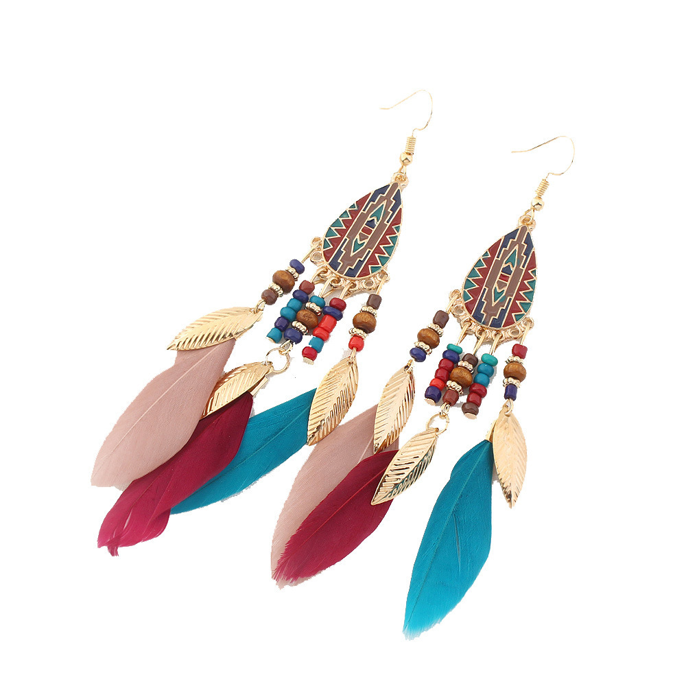 Bohemian Long Feather Dangle Earrings for Women Beach Chain Tassel Drop Earrings Wedding Bride Jewelry Wholesale