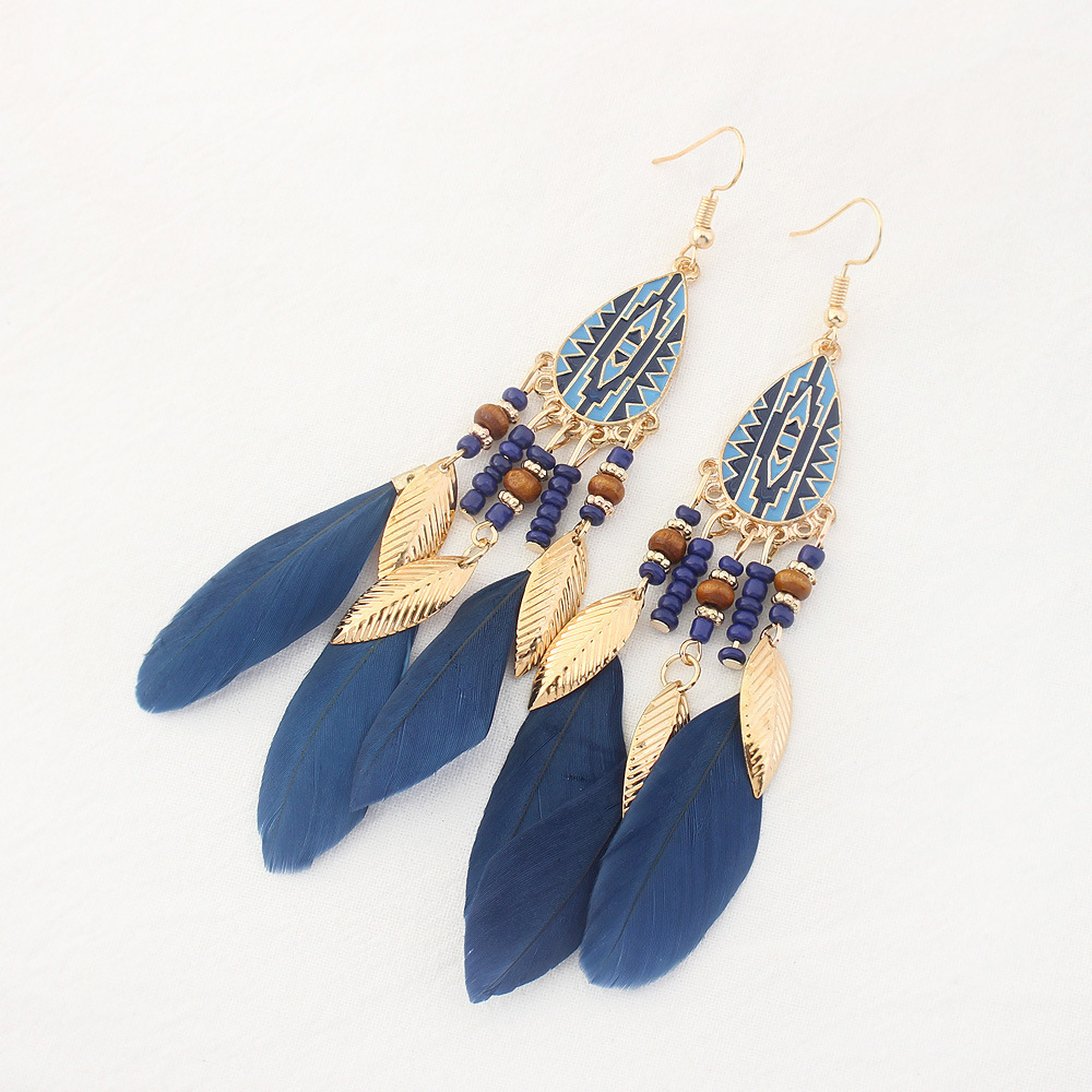 Bohemian Long Feather Dangle Earrings for Women Beach Chain Tassel Drop Earrings Wedding Bride Jewelry Wholesale