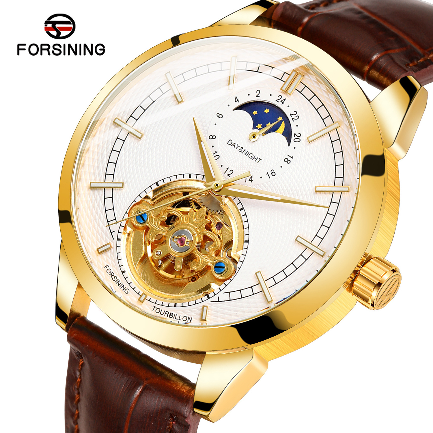 Original FORSINING Brand New Design Watch Male Moonphase Blue Custom Luxury Men Skeleton Automatic Mechanical Movement Watches