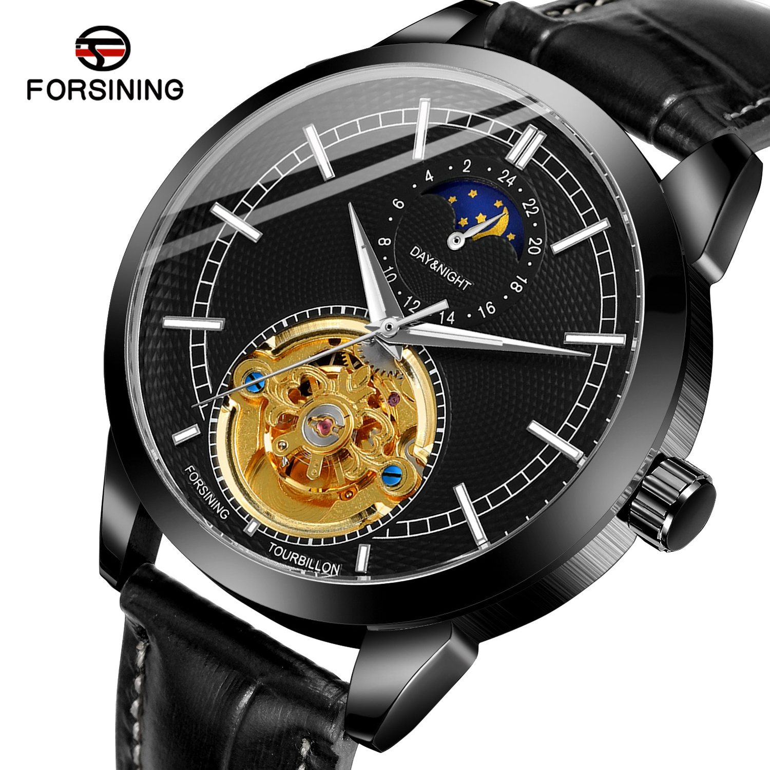 Original FORSINING Brand New Design Watch Male Moonphase Blue Custom Luxury Men Skeleton Automatic Mechanical Movement Watches