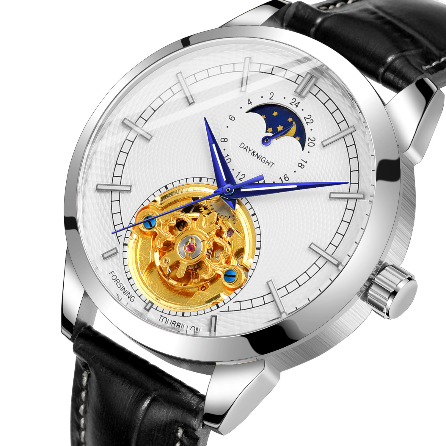 Original FORSINING Brand New Design Watch Male Moonphase Blue Custom Luxury Men Skeleton Automatic Mechanical Movement Watches