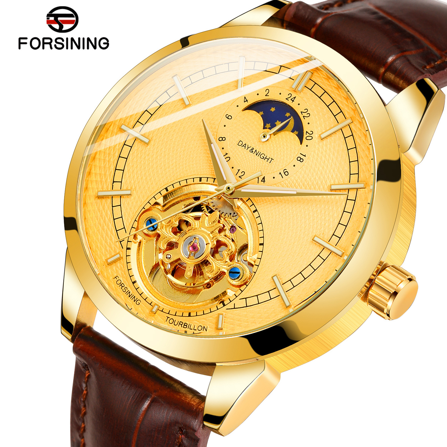 Original FORSINING Brand New Design Watch Male Moonphase Blue Custom Luxury Men Skeleton Automatic Mechanical Movement Watches