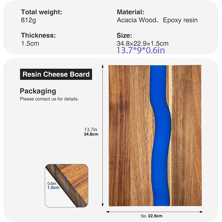 High Quality Premium Handcrafted Delicate Ocean Pattern Resin Acacia Wood Rectangle Cutting Board With Handle