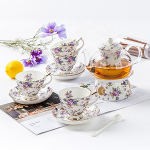 Wholesale luxury beauty cups with glass tea pot bone china golden ceramic coffee cups with gift box customized logo