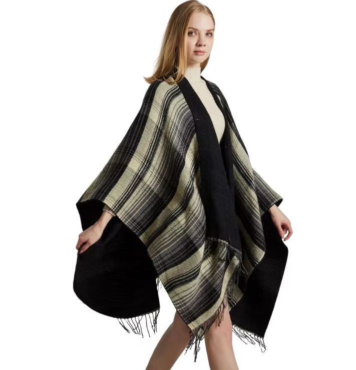 Women's Warm Shawl Wrap Open Front Poncho Cape Plaid Stripe Shawls Winter Cardigan Wrap Printed Ponchos