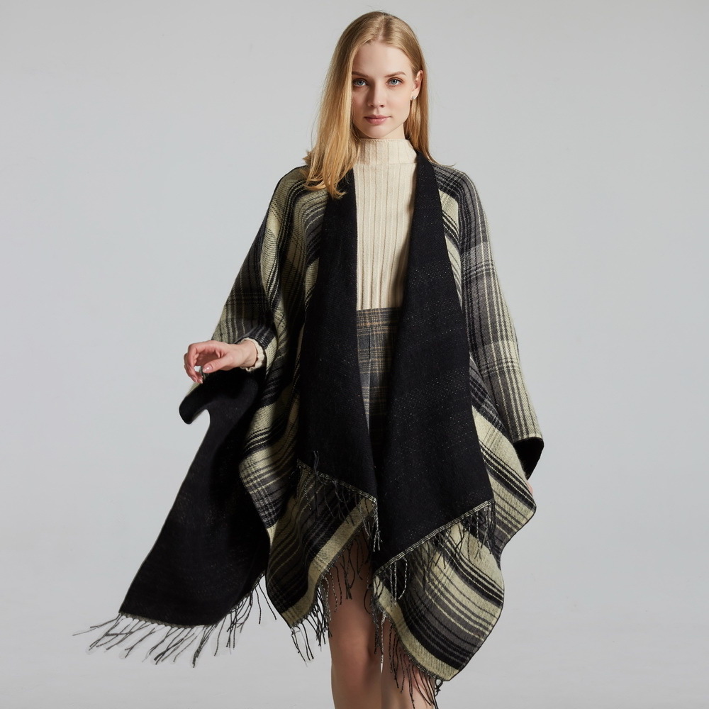 Women's Warm Shawl Wrap Open Front Poncho Cape Plaid Stripe Shawls Winter Cardigan Wrap Printed Ponchos