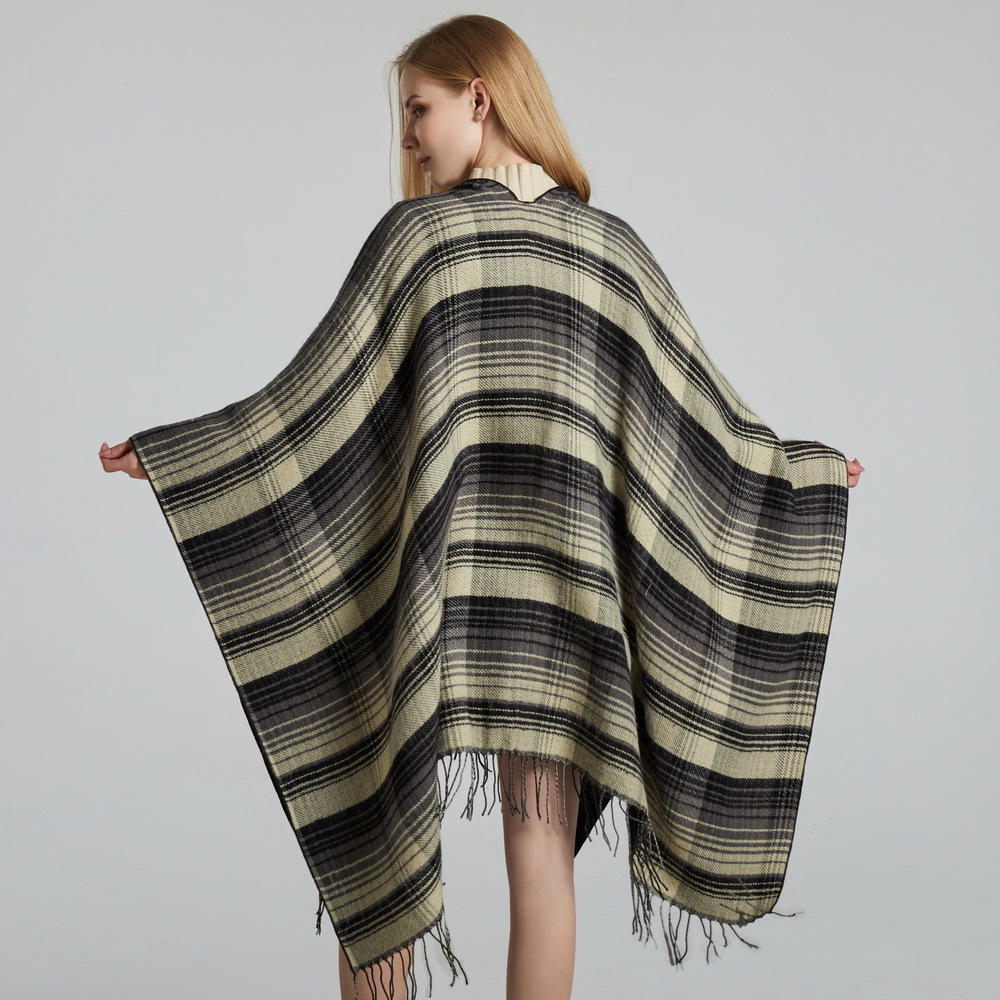 Women's Warm Shawl Wrap Open Front Poncho Cape Plaid Stripe Shawls Winter Cardigan Wrap Printed Ponchos