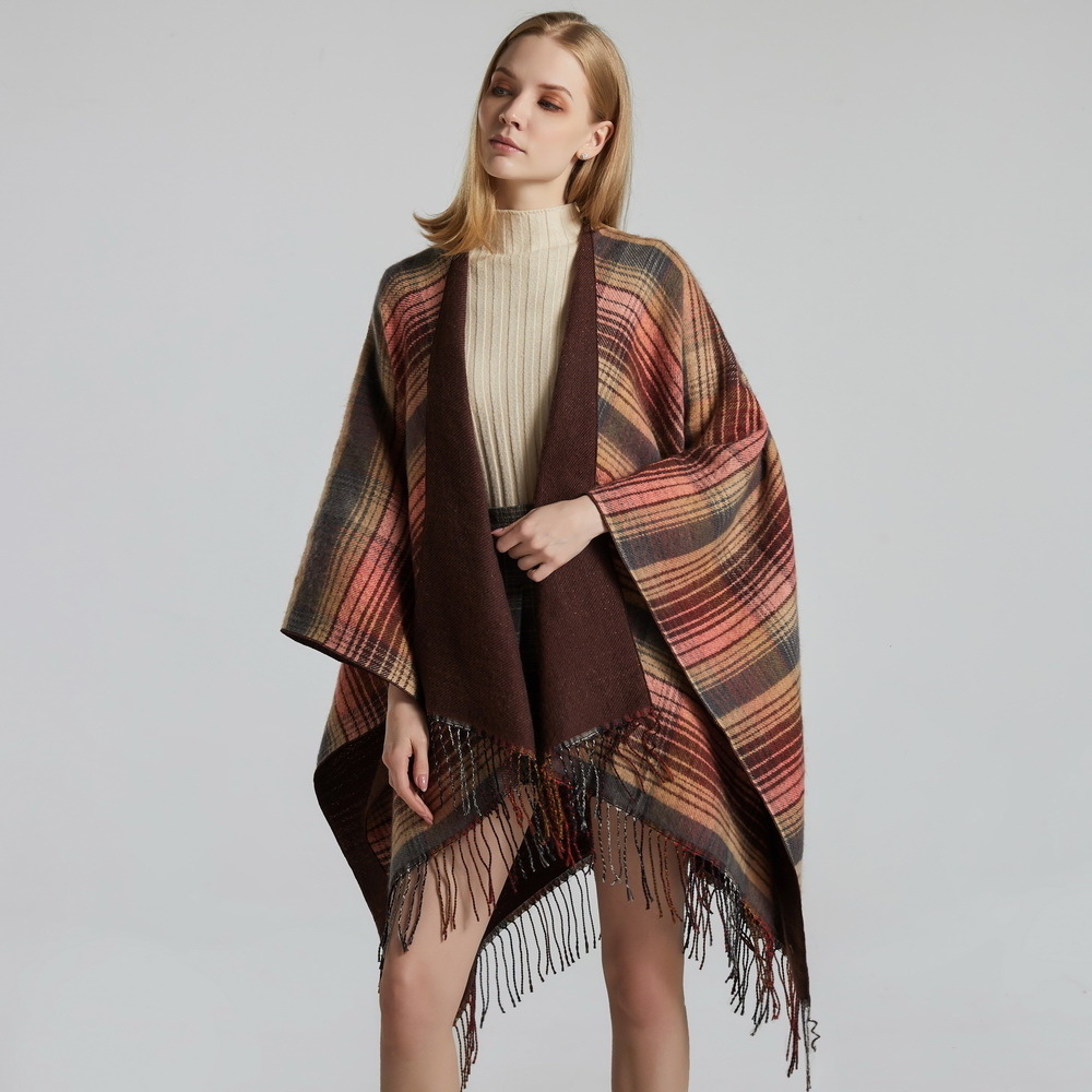 Women's Warm Shawl Wrap Open Front Poncho Cape Plaid Stripe Shawls Winter Cardigan Wrap Printed Ponchos