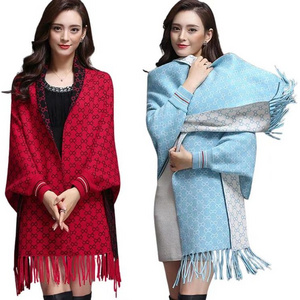 Luxury Poncho With Tassels Brand Pashmina Winter Wool Blend With Sleeve Warm Cashmere Double-side Shawl