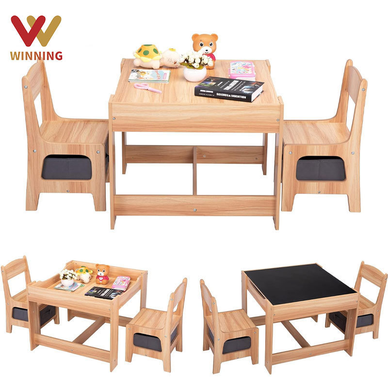 Winning Wooden Kids Table And Chair Set Double Side With Storage Box Activity Table For Toddlers Arts Crafts Kids Furniture