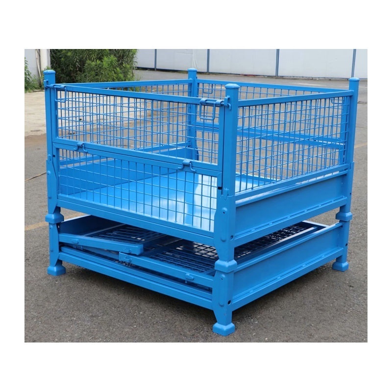 Warehouse equipment stackable and foldable steel storage crate wire mesh container