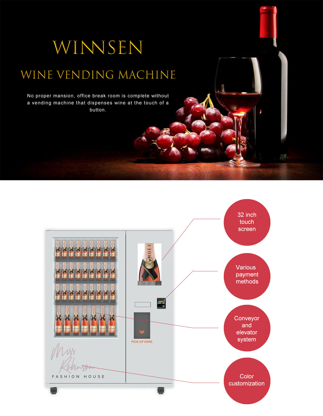 Winnsen Custom Design Advertising LCD Screen Milk Smoothie Wine Vending Machines Machine