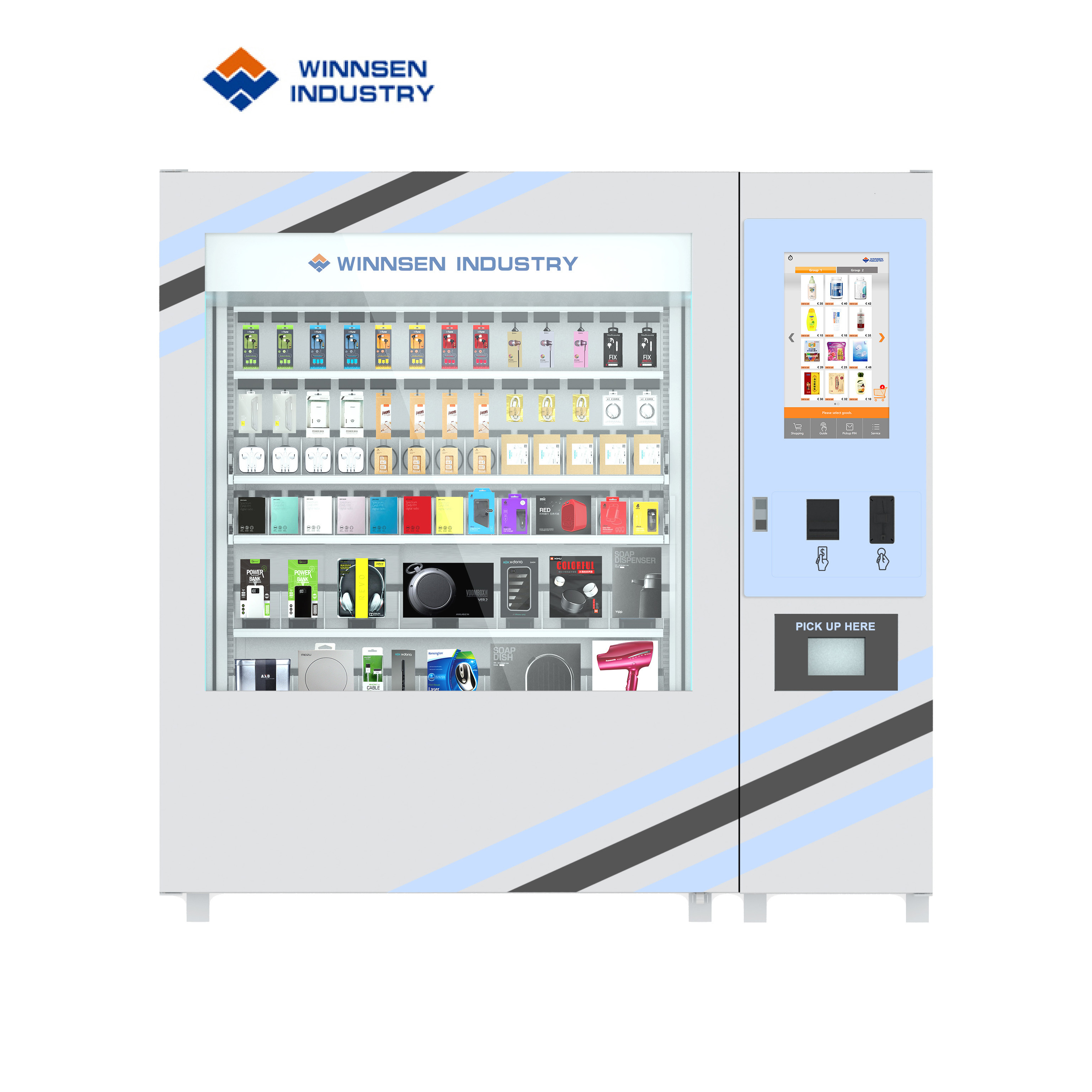 Towel soap wash fluid vending machine with different payment devices remote control platform big touch screen