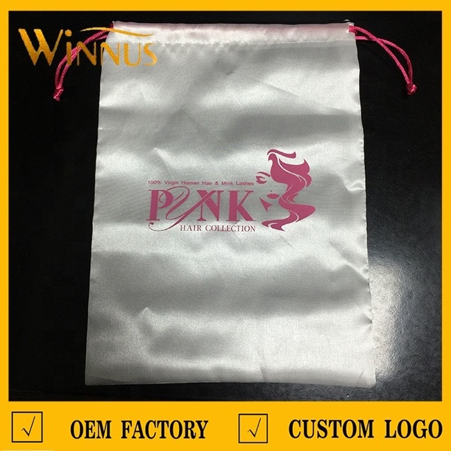 custom brand logo human hair extension storage pouch wig packaging bags black silk satin drawstring bundle hair bags for bundles