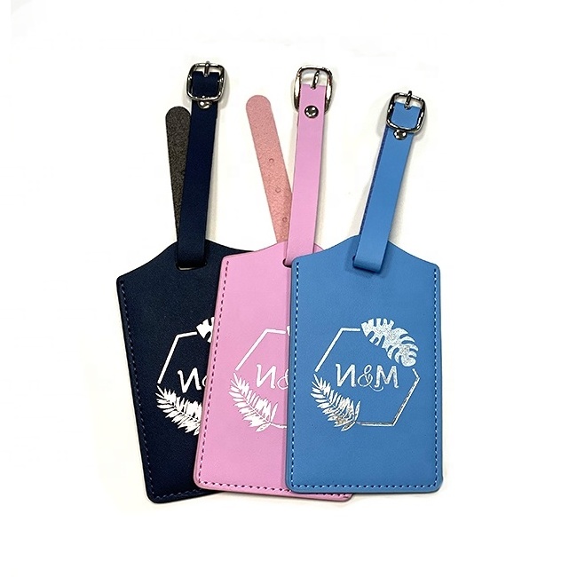 cheap wholesale baggage tag wedding favor gift custom logo embossed gold silver stamping blue pink pu faux leather luggage tags