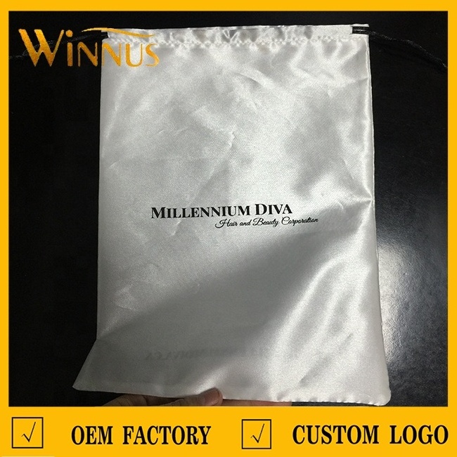 custom brand logo human hair extension storage pouch wig packaging bags black silk satin drawstring bundle hair bags for bundles