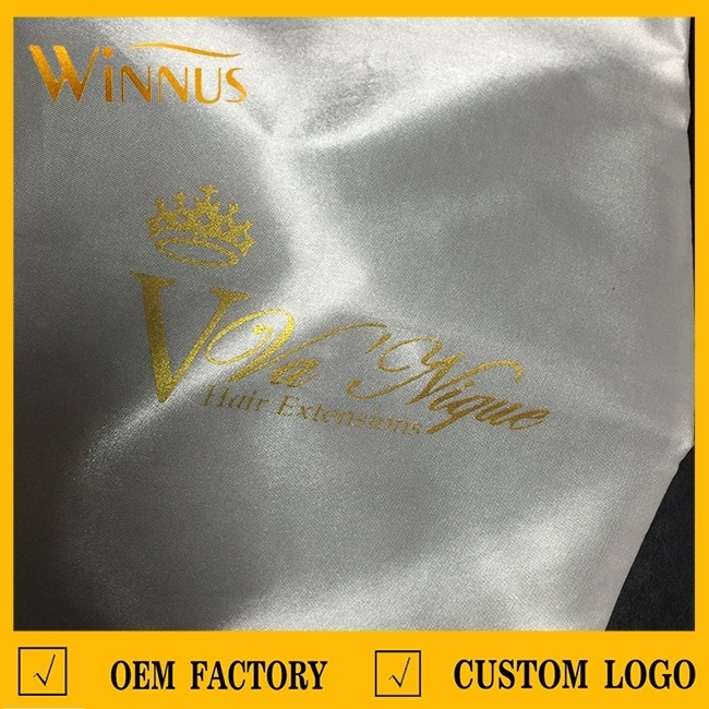 custom brand logo human hair extension storage pouch wig packaging bags black silk satin drawstring bundle hair bags for bundles