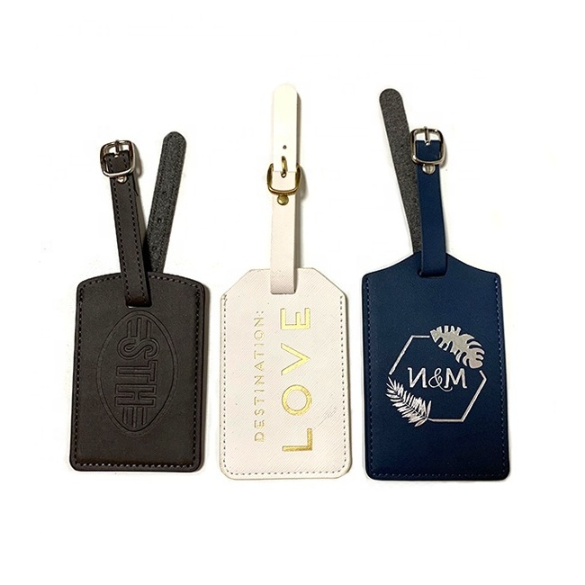 cheap wholesale baggage tag wedding favor gift custom logo embossed gold silver stamping blue pink pu faux leather luggage tags