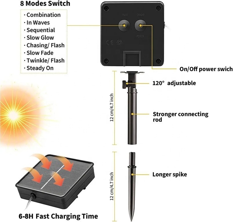 Solar Fariy Lights Battery Operated Waterproof garden String Lights with Remote Control Timer Copper