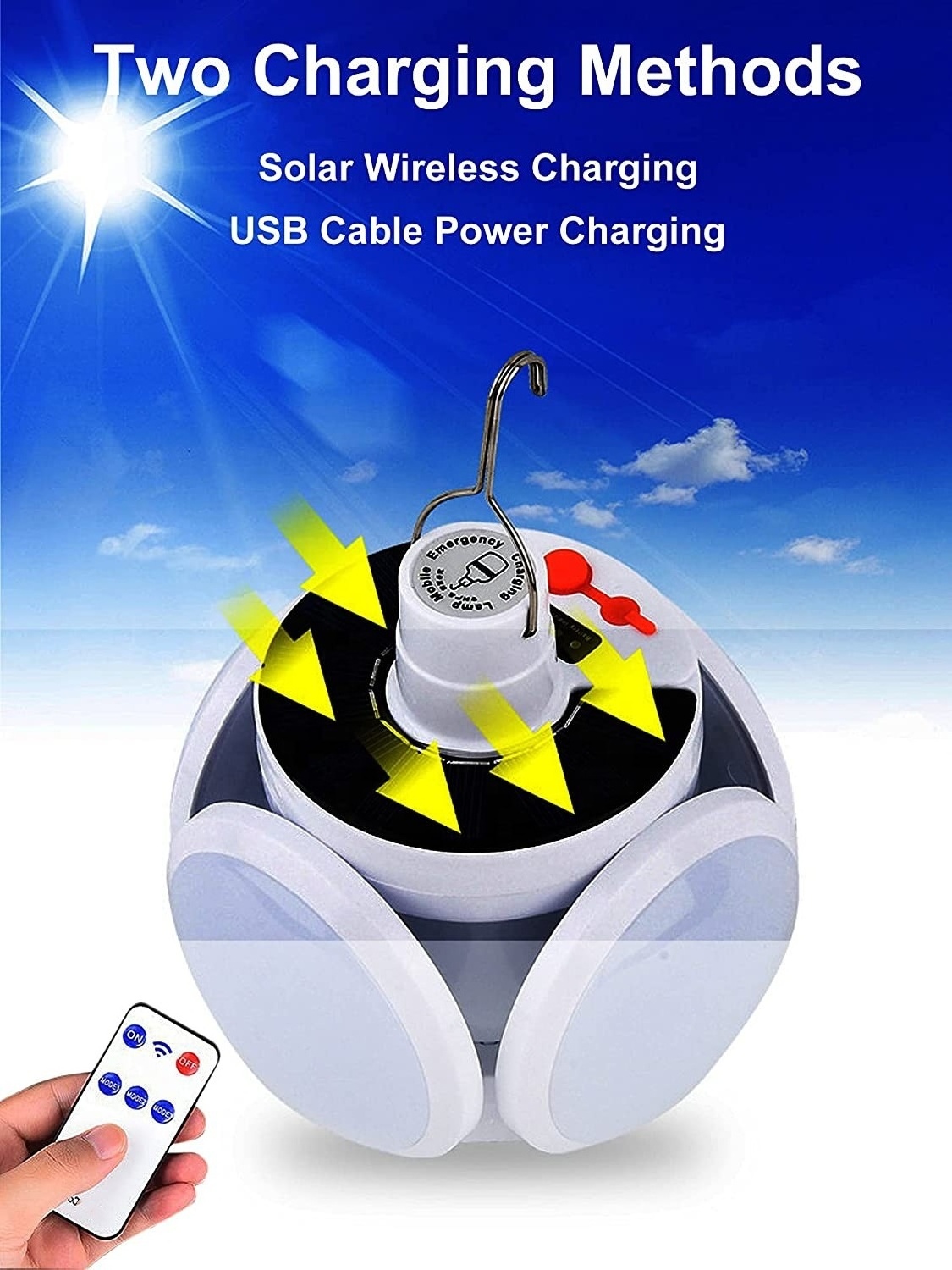 New Design LED solar camping light portable tent lamp with hanging hook folding football UFO bulb rechargeable light