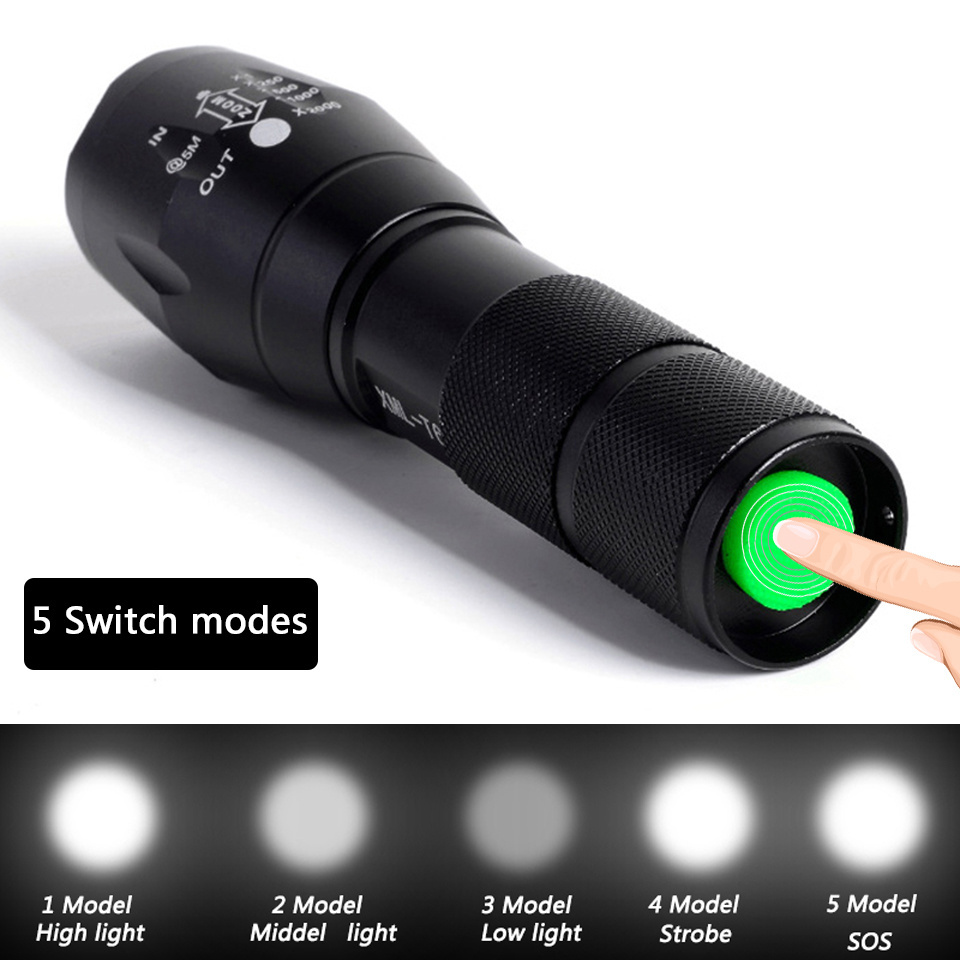 Super Bright 5 Modes Zoom Rechargeable Flashlight LED Torch Light T6 800 Lumen Tactical Flashlight