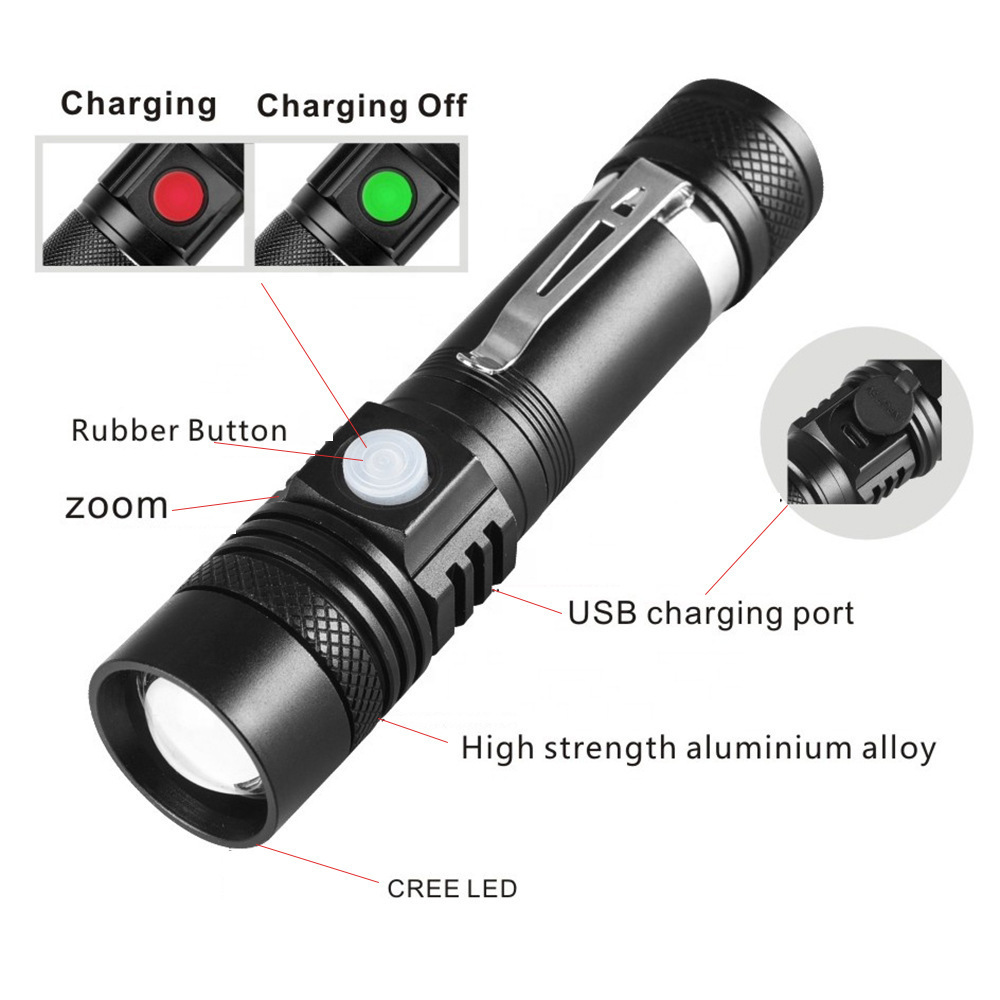 Factory Manufacturer Strobe Zoom Focus 350lm T6 LED Rechargeable Flash Light with Clip