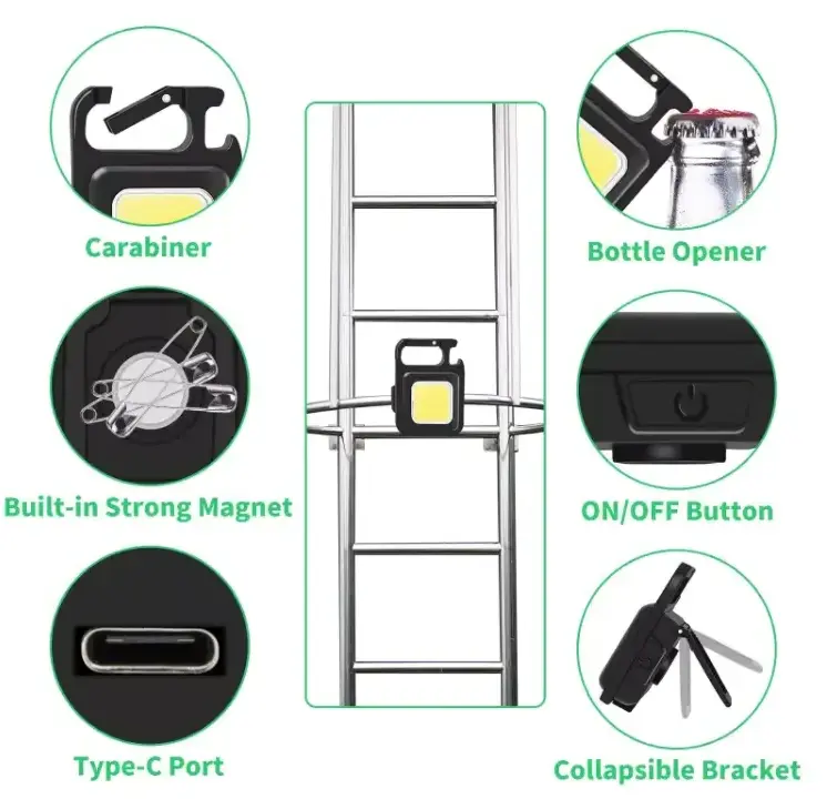 4 Modes Bright LED Pocket Work Light Portable USB rechargeable cob torch Magnet mini keychain flashlight