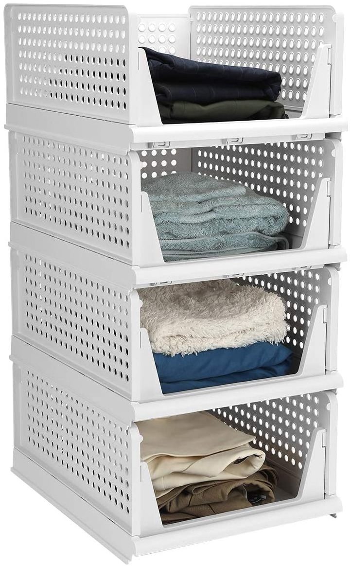 Amazon Hot Selling Foldable Clothes Shelf Baskets Stackable Wardrobe Storage Box Plastic Closet Basket Shelf Storage Bins