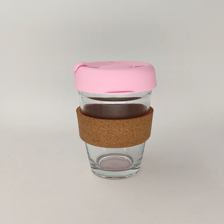 Popular Hot Selling 12 oz Glass Reusable Coffee Cup High Quality Heat Resistance Cork Sleeve  Glass Coffee Cup with Silicone Lid